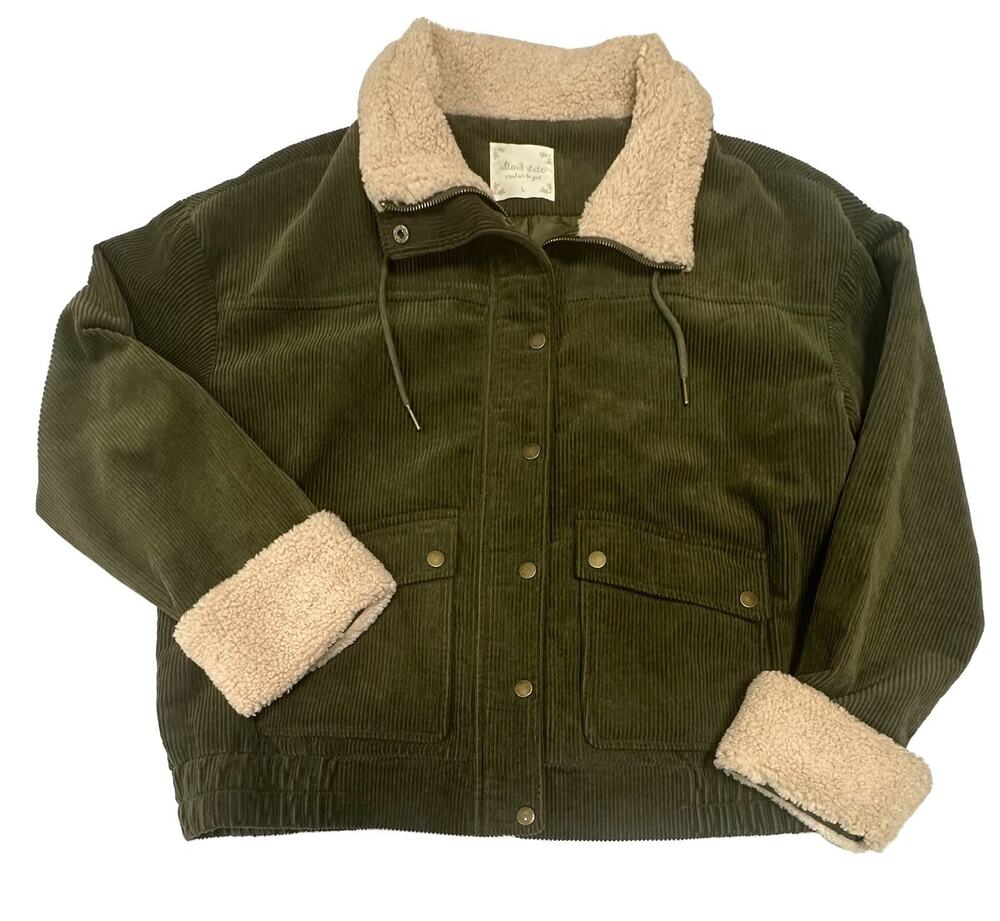 Altar'd State Women's L Green Sherpa Trim Corduroy Snap Front Bomber Chore Coat